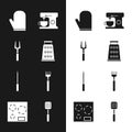 Set Grater, Barbecue fork, Oven glove, Electric mixer, Knife sharpener, Fork, Spatula and stove icon. Vector
