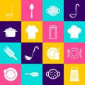 Set Grater, Plate, fork and knife, Chef hat, Cooking soup in pot, Kitchen ladle and Salt pepper icon. Vector
