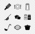 Set Grater, Plate, fork and knife, Salt pepper, Kitchen ladle, Cooking soup in pot, colander and icon. Vector