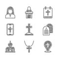 Set Grave with cross, Christian on chain, Location church building, Holy bible book, Church, phone, Calendar Easter and Royalty Free Stock Photo