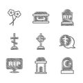 Set Grave with cross, Old crypt, Muslim cemetery, Speech bubble rip death, Tombstone RIP written and Flower icon. Vector