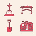 Set Grave with tombstone, Grave with cross, Dead body in the morgue and Shovel icon. Vector