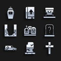 Set Grave with tombstone, Old grave, Christian cross, Hearse car, Cemetery digged hole, Coffin and Funeral urn icon Royalty Free Stock Photo