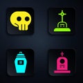 Set Grave with tombstone, Skull, Funeral urn and Grave with cross. Black square button. Vector Royalty Free Stock Photo