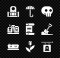 Set Grave with tombstone, Umbrella, Skull, Coffin dead, Flower rose, Signboard, and Decree, parchment, scroll icon