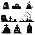 Set of gravestones. Collection of black grave silhouettes. Vector illustration of elements for halloween. Tattoo. Royalty Free Stock Photo