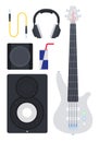 Set of electric guitar, speaker system and headset vector illustration in a flat design. Royalty Free Stock Photo