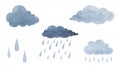 A set of gray storm clouds with raindrops isolated on a white background. Hand-drawn.