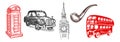 Set of great London symbols - Big Ben, telephone, Double Decker Bus, taxi black cab