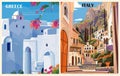 Set of Greece, Italy Travel Destination Posters. Royalty Free Stock Photo