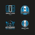 Set of Greek Food Restaurant Logo. Greece flag symbol with Spoon, Fork, Chef Hat, Toque, and Knife icons. Premium and Luxury Logo Royalty Free Stock Photo