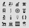 Set Greek helmet, Laurel wreath, Medusa Gorgon, Broken ancient column, Dagger, history book, Hermes sandal and Old