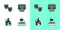 Set Greek trireme, Comedy and tragedy masks, Bottle of olive oil and Olympic rings icon. Vector