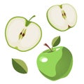 Set of green apple and slices. Isolated vector sliced fruit in flat style. Summer clipart for design Royalty Free Stock Photo