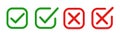 Set green approval check mark and red cross icons, checklist signs, flat checkmark approval correct badge, isolated tick symbols