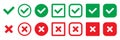 Set green approval check mark and red cross icons in circle and square, checklist signs, flat checkmark approval badge. Royalty Free Stock Photo