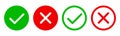 Set green approval check mark and red cross icons in circle and square, checklist signs, flat checkmark approval badge, isolated