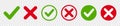 Set green approval check mark and red cross icons in circle and square, checklist signs, flat checkmark approval badge, isolated
