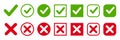 Set green approval check mark and red cross icons in circle and square, checklist signs, flat checkmark approval badge, isolated Royalty Free Stock Photo