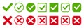 Set green approval check mark and red cross icons in circle and square, checklist signs, flat checkmark approval badge, isolated