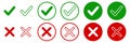 Set green approval check mark and red cross icons in circle and square, checklist signs, flat checkmark approval badge, isolated