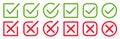 Set green approval check mark and red cross icons in circle and square, checklist signs, flat checkmark approval correct badge