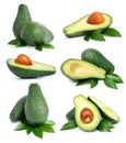 Set of green avocado fruits with leaf Royalty Free Stock Photo