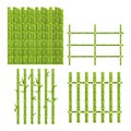 Set green bamboo fence with rope, picket from sticks, nature wall in cartoon style isolated on white background. Natural Royalty Free Stock Photo