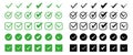 Set of green and black check mark flat icon. Silhouette of tick mark in various shapes. Vector