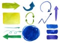 Set of green and blue arrows of various size and shape