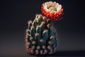 Set green Cactus with red flower on black background. Minimal creative still life. Generative AI Royalty Free Stock Photo