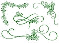 Set of green christmas calligraphy flourish art with vintage decorative whorls for design on white background. Vector