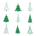 Set of green christmas tree icons. Xmas symbol, simple pictogram collection. Winter season design element. New year Royalty Free Stock Photo