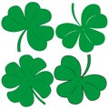 a set of green clover leaves with a dark outline, shamrock and quatrefoil. isolated on a white background, design element, flat