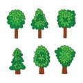 Set of green deciduous trees doodle cartoon style, isolate clipart. Vector illustration environment nature tree trunk foliage Royalty Free Stock Photo