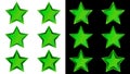 Set of green decorative stars with different borders on white and black background. For rating or decoration. Design element