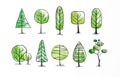 Set of green doodle sketch trees on white background