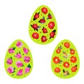 Set of green Easter eggs with a pattern of red , black and pink flowers. Vector clipart for design Royalty Free Stock Photo