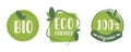 A set of green emblems. Bio, eco friendly and 100 organic. Use as a sticker for clean products. Royalty Free Stock Photo