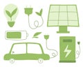Set of green energy elements. Collection of environmental elements. Electric car, solar battery, station, light bulb Royalty Free Stock Photo