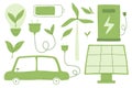 Set of green energy elements. Collection of environmental elements. Electric car, solar battery, station, light bulb. Royalty Free Stock Photo