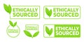 Set of green Ethically Sourced labels with leaf icons, for products responsible sourcing and corporate ethics.