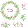 Set of green floral patterns, ornaments and vector wreaths of green leaves and flowers. The concept of spring ornament. Vector