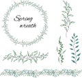 Set of green floral patterns, ornaments and vector wreaths of green leaves and vectors for decoration. Spring ornament concept