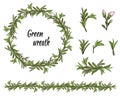 Set of green floral patterns, ornaments and vector wreaths of green leaves and vectors for decoration. Spring ornament concept