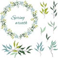 Set of green floral patterns, ornaments and vector wreaths of green olive leaves and vectors for decoration. The concept of spring