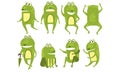 Set of green frogs in different poses and with various emotions. Funny humanized toads. Colorful flat vector icons Royalty Free Stock Photo