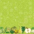 Set of green fruits and vegetables on light green background