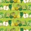 Set of green fruits and vegetables on light green pattern