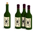 Set of green glass bottles with expensive red wine. Storage and aging of alcoholic products in warehouse, in wine cellar. Cartoon